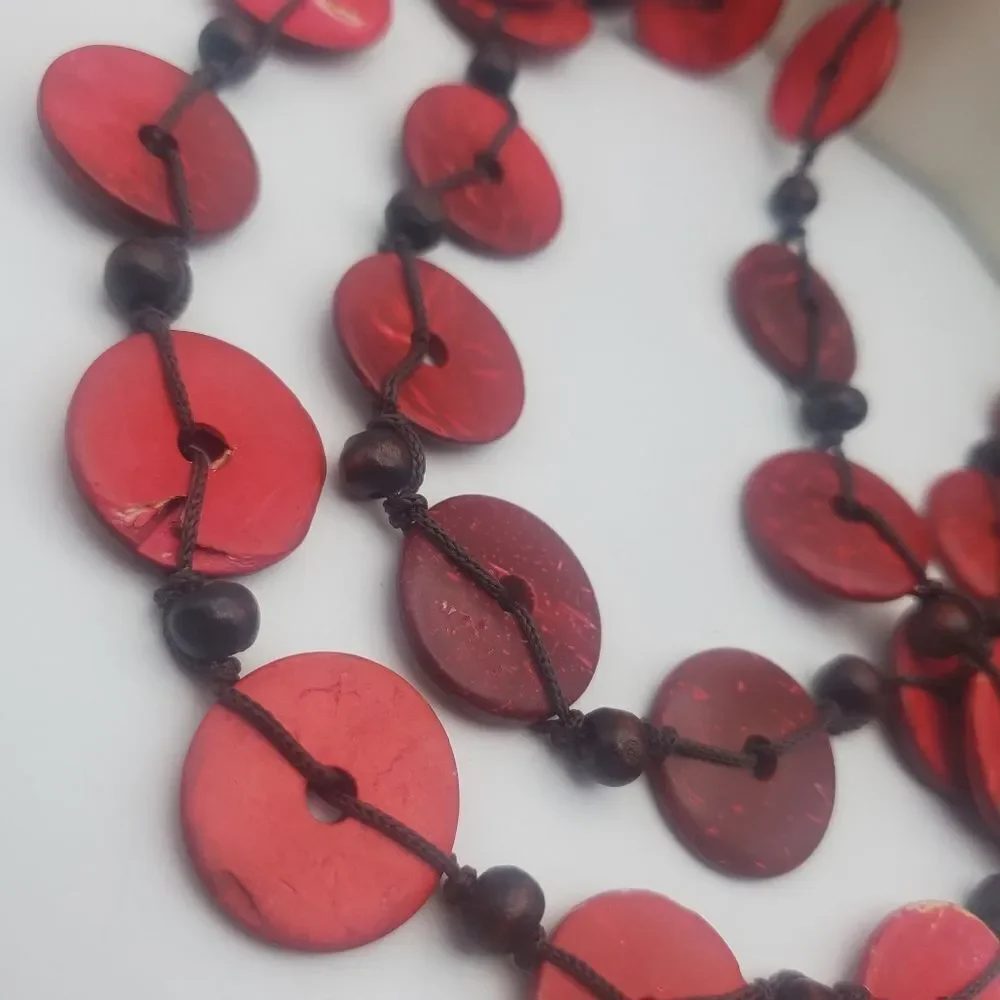 Red boho shell multi layered‎ necklace beach bohemian hippie